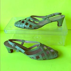 Green leather sandals adjustable kitten heel